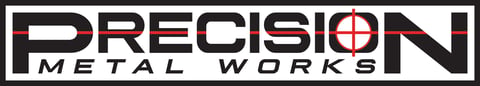 Precision Metal Works logo featuring bold white text with red crosshair accent on black background